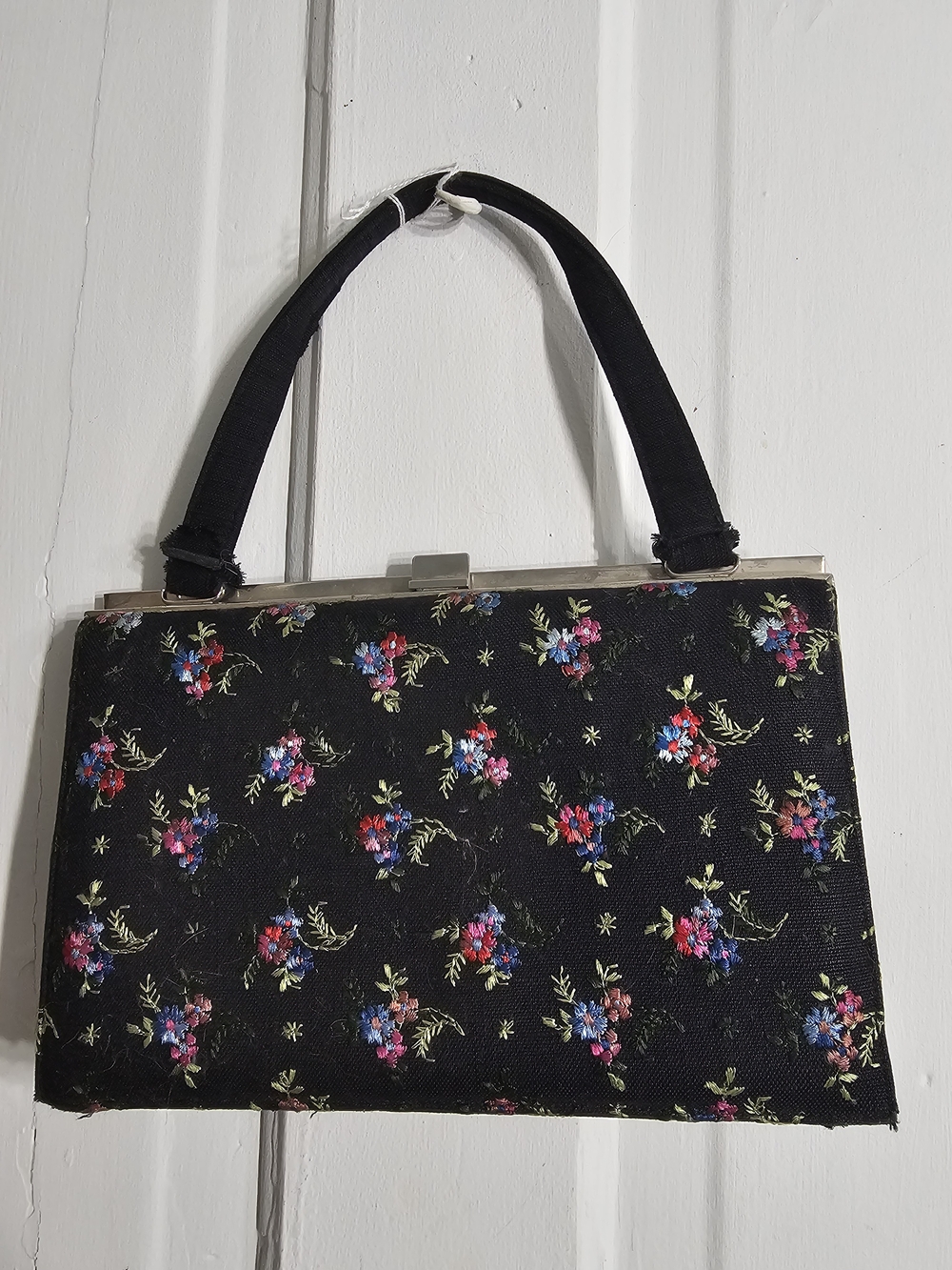 Vintage Black Floral Top-Handle Clutch with Multicolor Blossoms